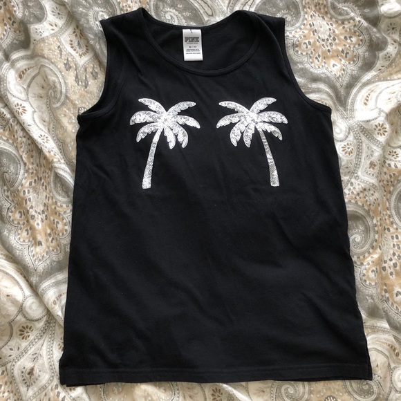 PINK Tops - PINK Sequin Palm Tree Muscle Tee PINK Tops - PINK Sequin Palm Tree Muscle Tee